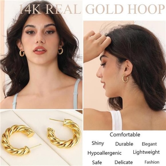 9 Pairs Gold Hoop Earr, 14K Gold Plated Lightweight Chunky Twisted Hoop - Picture 2 of 9